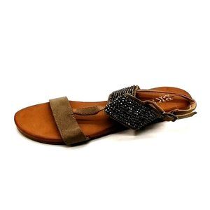 BKE Sole Womens Cayman Ankle Strap Sandal Brown Beaded Strap Buckle Flat Heel 6M
